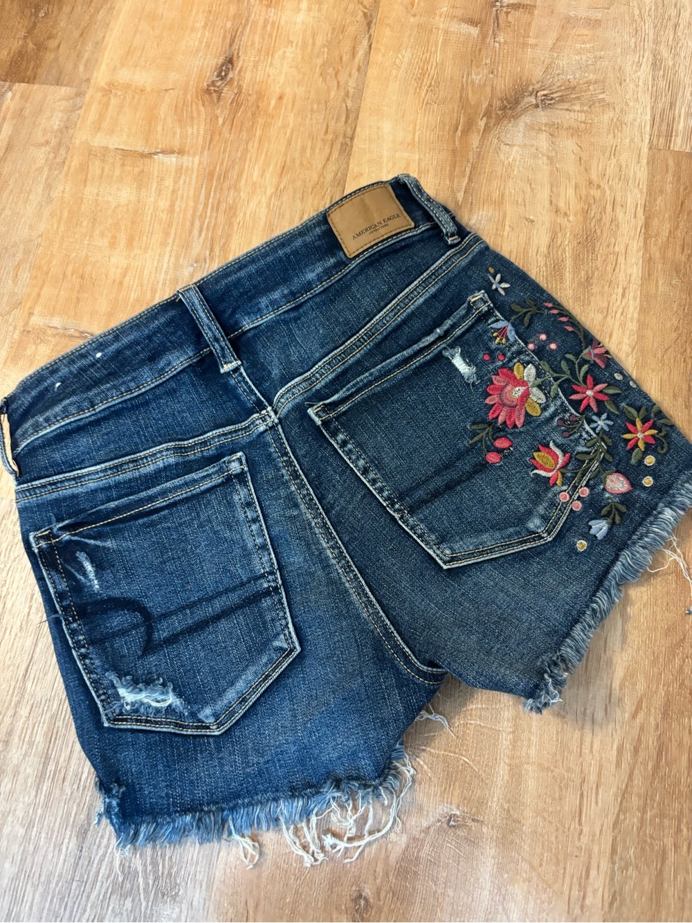 American Eagle Mid Rise Stretch Embroidered Floral Destroyed Denim Cutoff Shorts